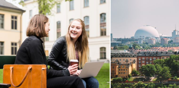 Två kvinnor sitter på en bänk och samtalar, en med en laptop i knät, medan en vy av Globen och Stockholms stadslandskap syns till höger.