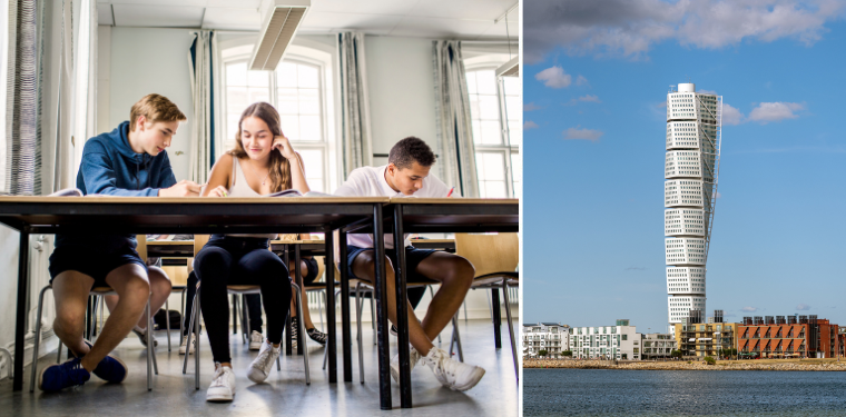 Fotocollage med två bilder på människor som arbetar vid skrivbord; den högra bilden visar den ikoniska Turning Torso-byggnaden i Malmö.